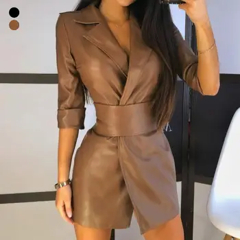 

2020 Women Autumn Winter Faux Leather Lapel Half Sleeve Belt Coat Jacket Mini Dress Women's Clothing платье женское vestidos