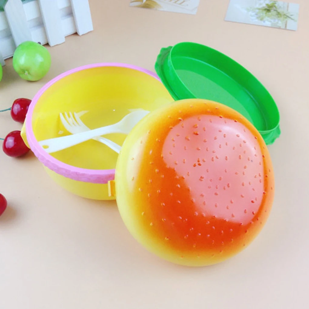 Милый двухуровневый Ланч-бокс для гамбургеров Bento Детские Ланч-боксы, школьный контейнер для еды, набор посуды с вилкой для детей