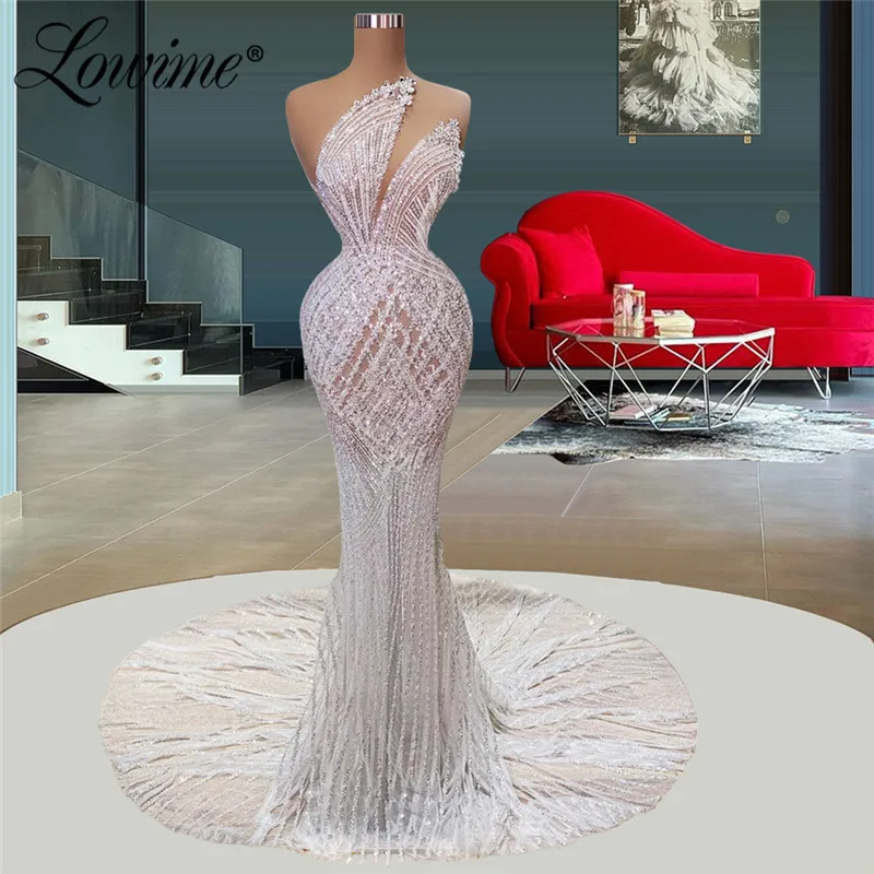 White Mermaid Long Evening Dress Bead Chiffon Party Celebrity Dress Prom Gown 