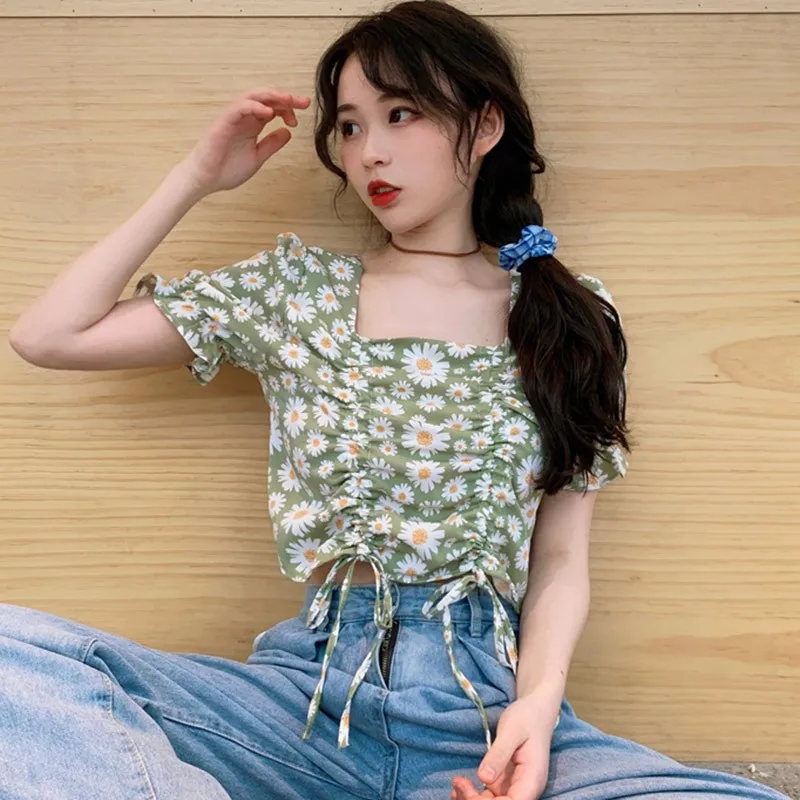 

Harajuku Floral Print Square Collar Blouse Drawstring Bubble Sleeve Short Shirt Women Summer Fashion Casual Blouse