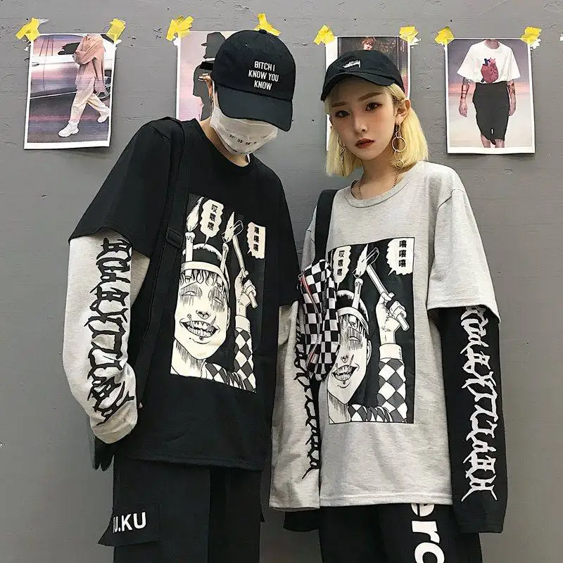 T-Shirt Men Autumn New Brand Hip-Hop Letter Splicing Tee Top Fake Two Pieces Long Sleeve Streetwear Men Hip Hop T Shirt