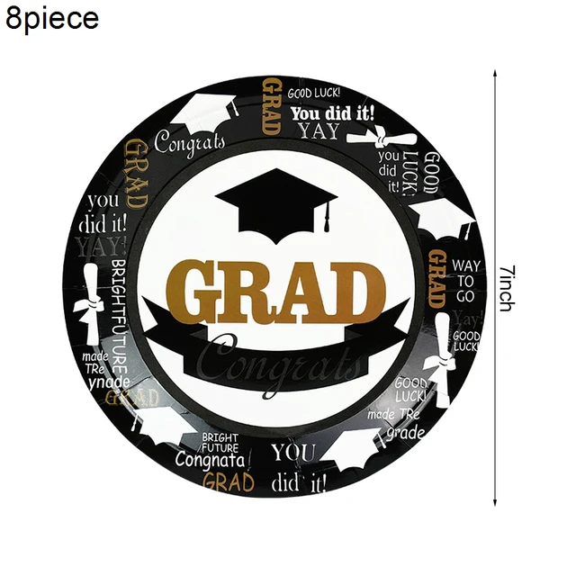Congratulations Graduation 2021 Disposable Tableware Black Doctor Hat Print Paper Plate Cups Napkins graduation party decoration C01-8pcs 7inch plate