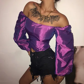 

Women Lantern Long Sleeve Sexy A Word Shoulder Elegant Casual Fashion Style Feminina Solid Color Tops