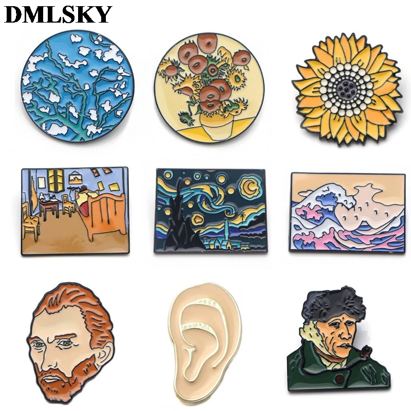 DMLSKY Ван Гог арт Подсолнух мультфильм металлические булавки эмаль броши для