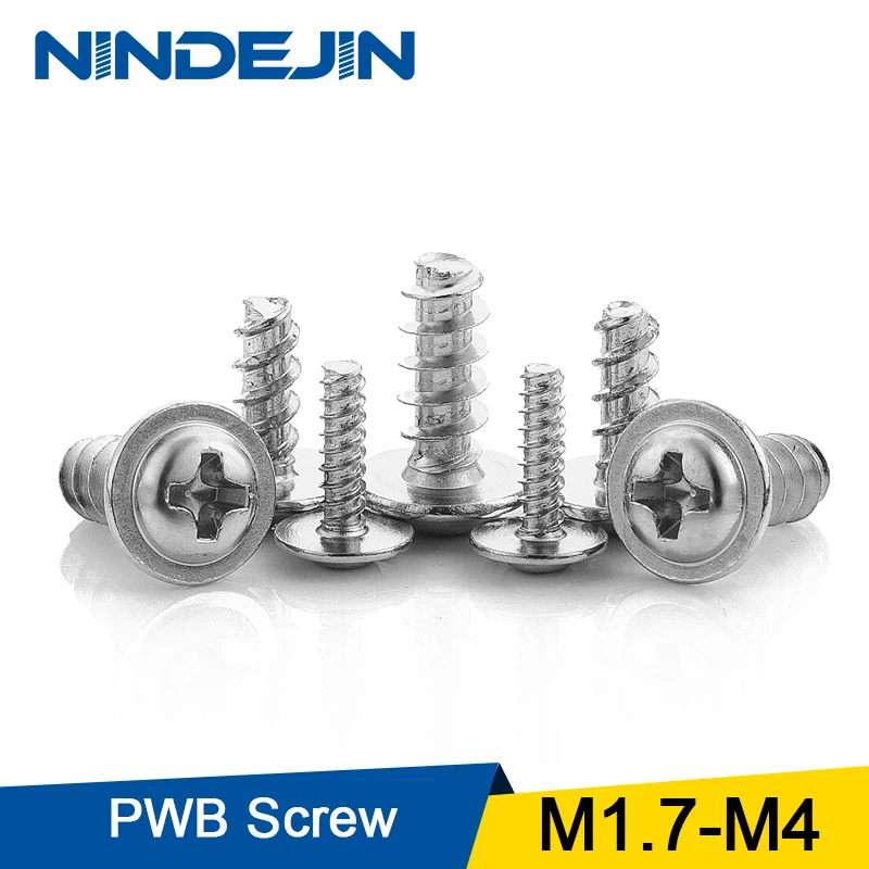 NINDEJIN 40 100 шт винт PWB круглая головка с шайбой Самонарезающий никелированный M1.7 M2