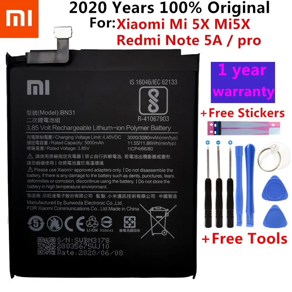 

Xiao Mi Original Phone Battery BN31 for Xiaomi Mi 5X Mi5X Redmi Note 5A / Pro Mi A1 Redmi Y1 Lite S2 3000mAh Batteries + Tools