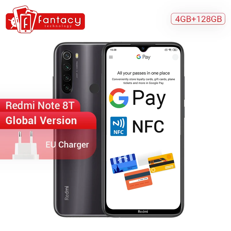 Новое поступление глобальная версия Redmi Note 8 T, 8 T, 4 Гб Оперативная память 128 Гб Встроенная память Snapdragon 665 Octa Core 6,3 ''FHD+ безрамочный экран с Экран 4000 мА/ч, 18 Вт QC NFC