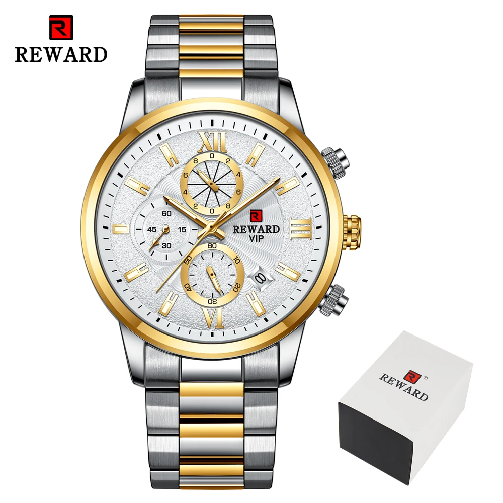 REWARD New Mens Watches Automatic Date Waterproof Clock Stainless Steel Chronograph Top Brand Men Sport Quartz Wrist Watch 