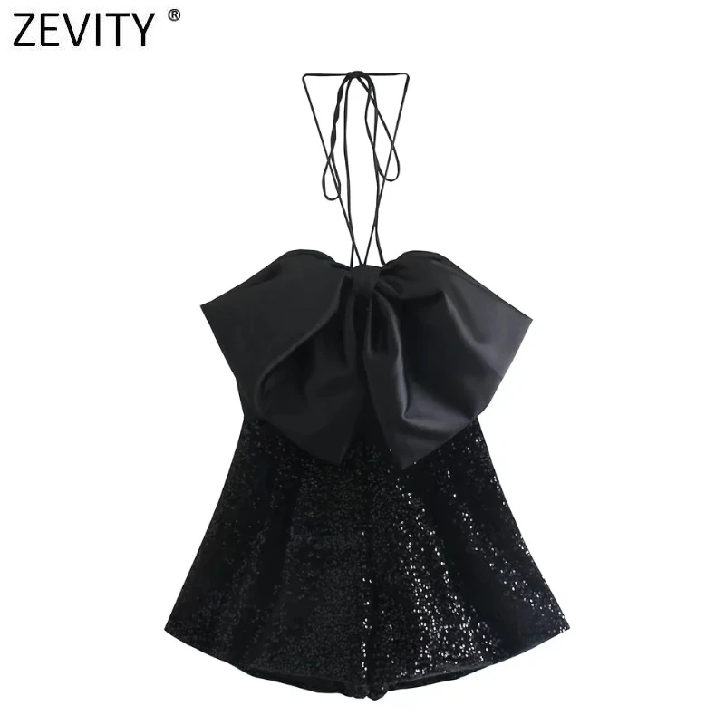 Zevity Women Sexy Sequined Decoration Bow Halter Playsuits Female Backless Zipper Shorts Siamese Chic Casual Slim Rompers DS9249