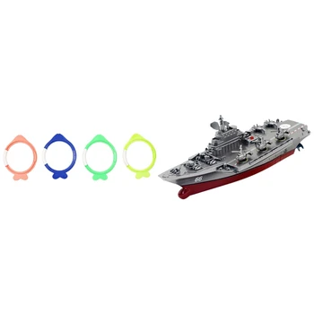 

1 Set Children Boy Dive Toy Water Dive Ring Grab Toy & 1 Pcs Remote-Controlled Ship Aircraft Carrier Boat Model Gray