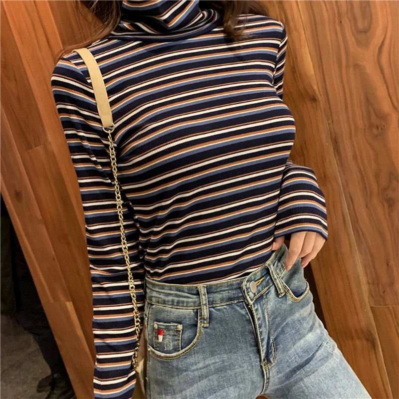 Women Long Sleeve Turtleneck T-Shirt Contrast Colored Striped Print Ribbed Pullover Tops Slim Basic Stretch Streetwear | Женская одежда