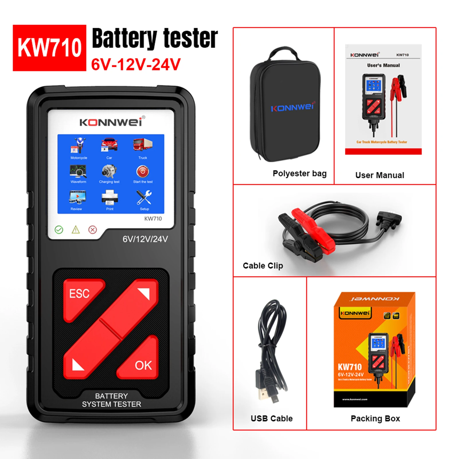 car battery tester KONNWEI KW710 100-2000CCA Battery Analyzer Tester for Trucks 6V 12V 24V Car Cranking and Charging System Test Diagnostic Tool temperature gauge for car