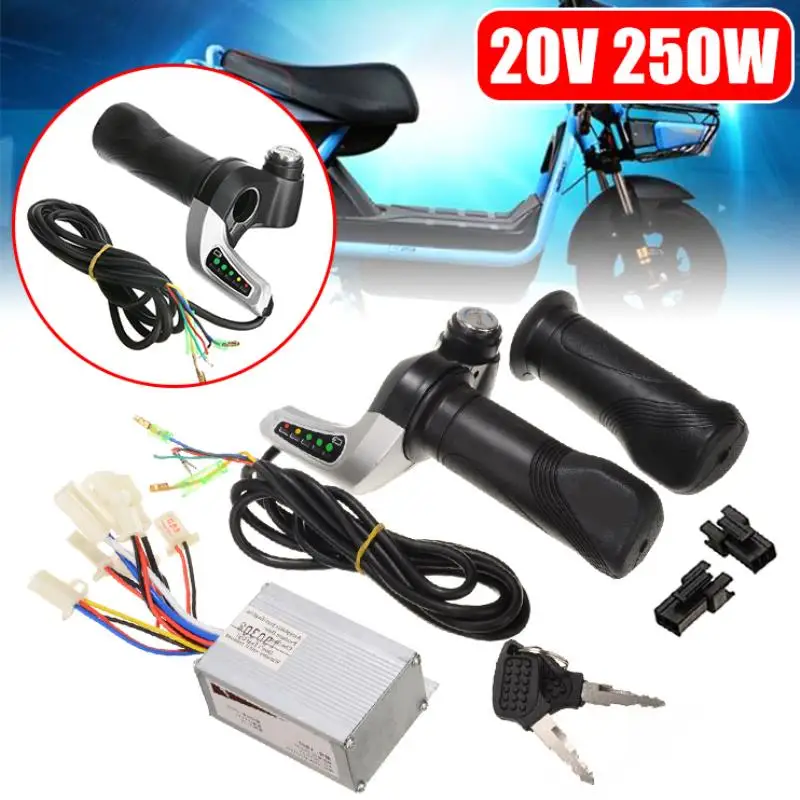 

1PC High Quality 24V 250W Moto Brush Controller+2 Throttle Grips With Keys Cable For Electric Bike Scooter 22mm