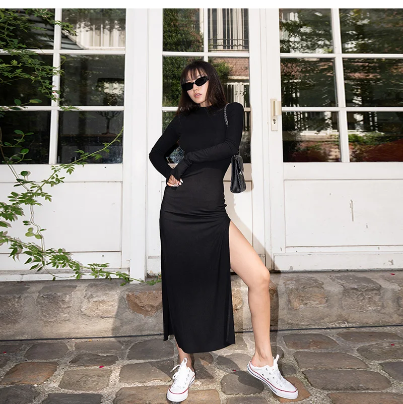 

Женское длинное платье, Элегантное Вечерние тажное праздничное платье с длинным рукавом и разрезом сбоку, сексуальные платья, новинка 2021