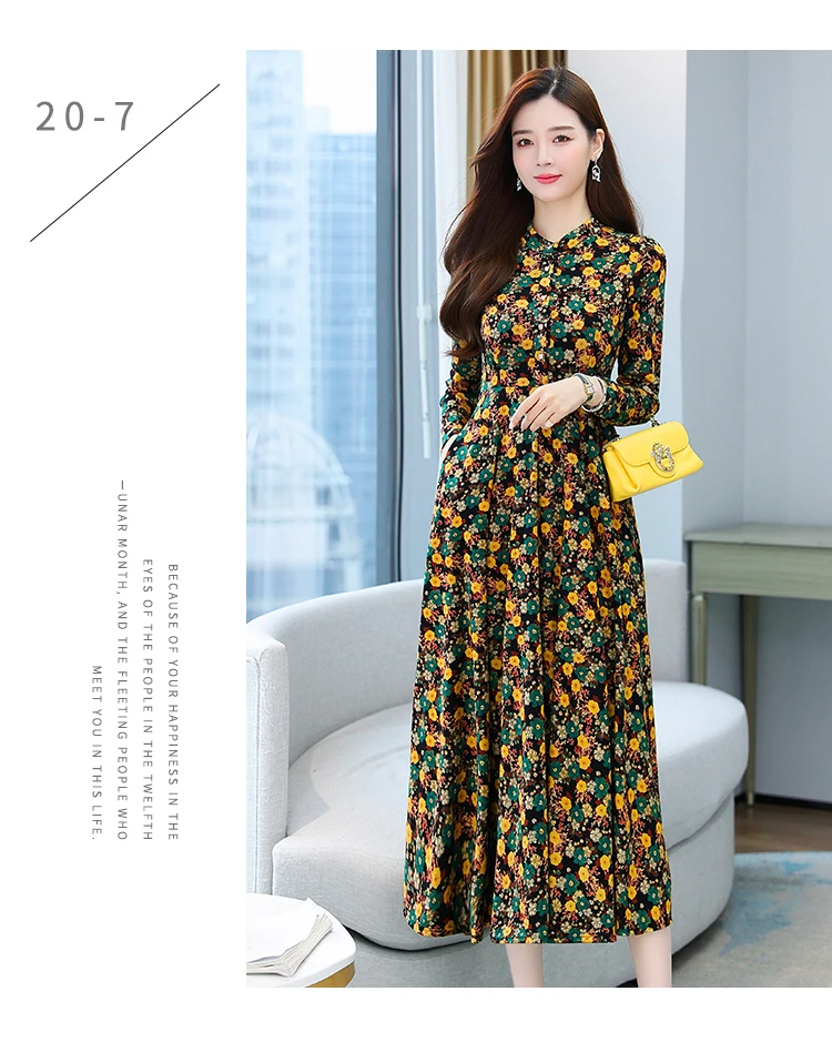 2021 Autumn New Arrival Hot Sale Stand Collar Flower Printed Long Sleeve Knitting Cotton A-LINE  Mid-Calf  Long Dress