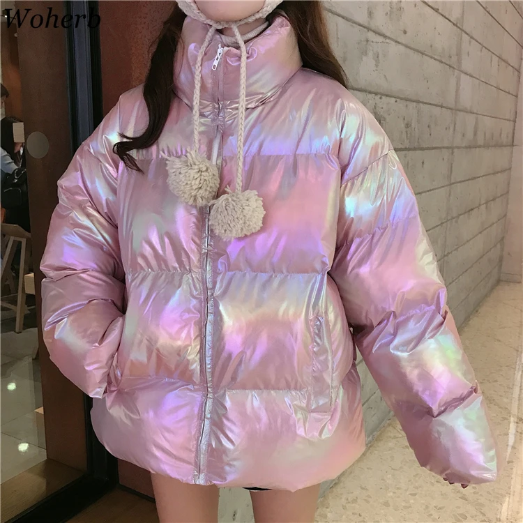 Woherb осень зима пуховик для женщин Harajuku парки со стоячим воротником корейский голографический ватник пальто для девочек свободные ватные куртки