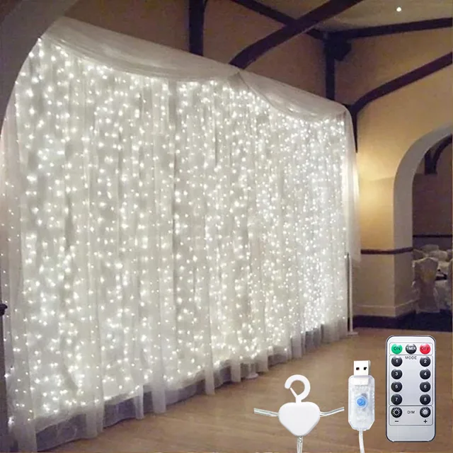 3m 100/200/300 LED Curtain String Light Garland Wedding Party Decorations Table Bachelorette Birthday Ramadan Festoon Background White With Hook