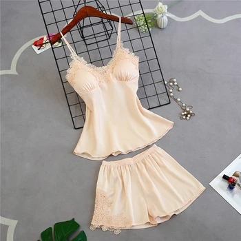 

2020 Sexy Lace Silk-Like Pyjamas Set Women Casual Spaghetti Strap Nightdress Sleepwear Pants Short Sleeve 2PCs Suit Plus Size
