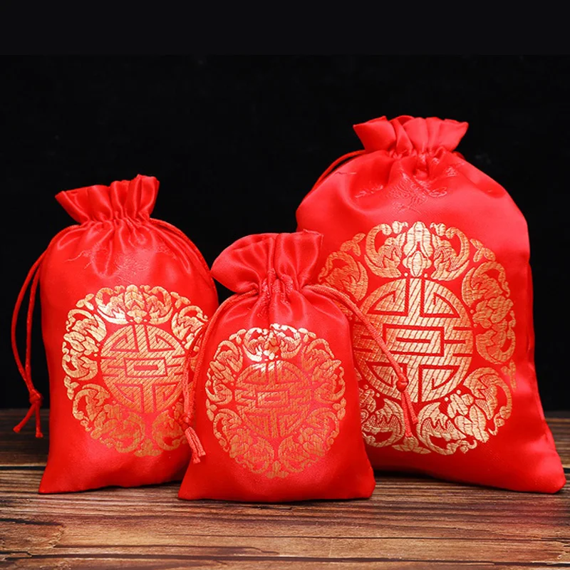 Small Gift Bags Cloth 50pcs Blessing Candy Bag Red Double