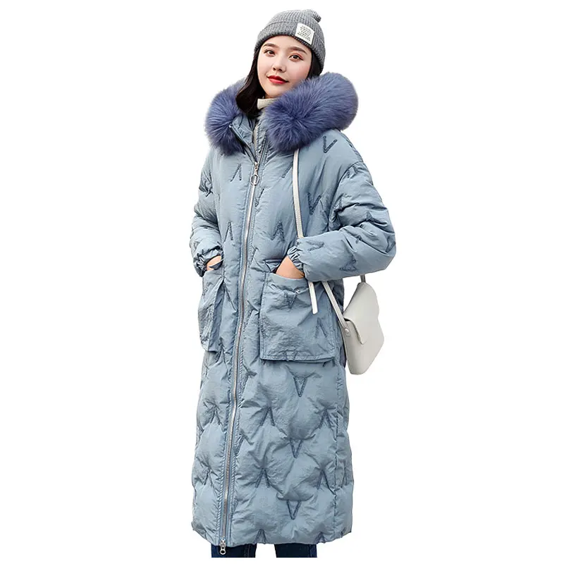 Длинное меховое пальто с капюшоном, зимнее пуховое пальто с V вышивкой, Женская куртка оверсайз, ватные парки с хлопковой подкладкой, ветрозащитные рукава