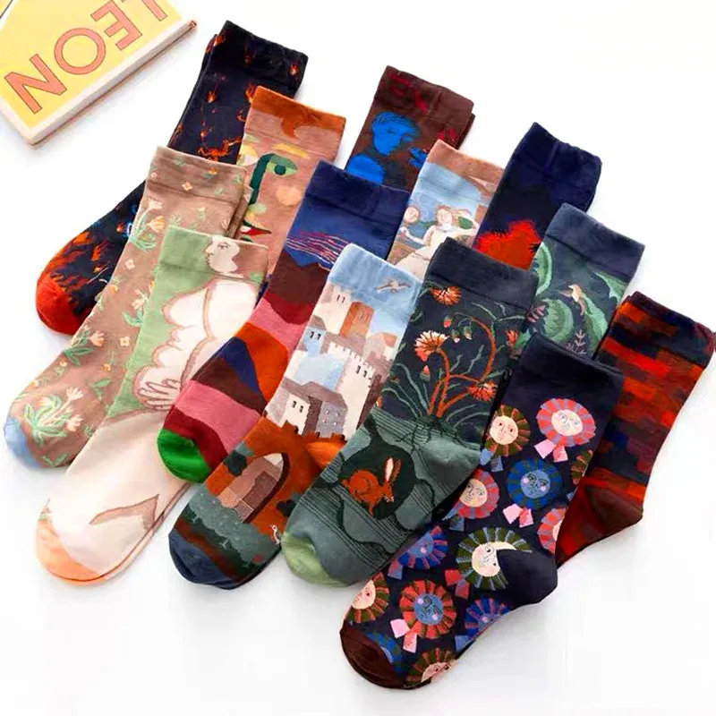 1Pair Happy Socks Unisex Women Oil Painting Van Gogh Combed Cotton Funny Fantasy  Casual Novelty Party Gifts Socks Wholesale