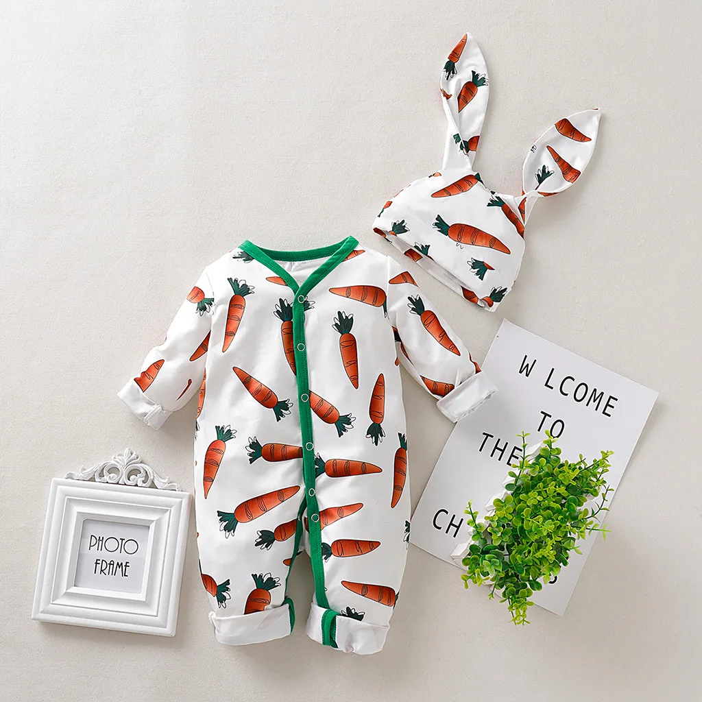 Одежда для маленьких мальчиков и девочек; комбинезон с рисунком морковки; комбинезон с ушками кролика; Шапка; новогодний костюм для новорожденных; комбинезон