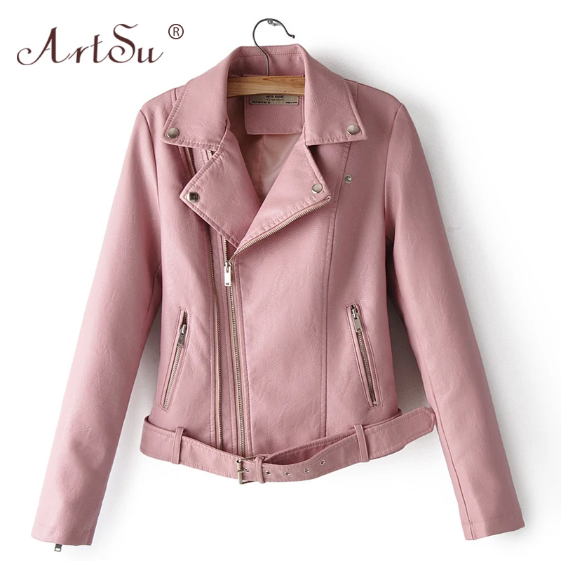 

ArtSu Autumn Women PU Faux Leather Jacket Basic Zipper Pink Short Coats Winter Female Cool Motorcycle Belted Slim Jackets Black