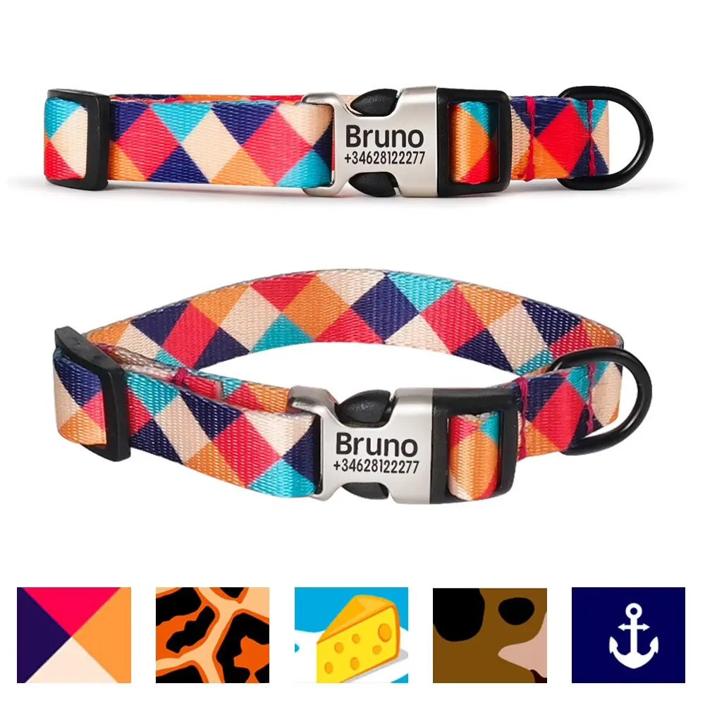 

Geometric Print Personalized Engraved Name Dog Collar Leash Custom Puppy Pet Collars ID Tag for Small Medium Large Big Dogs