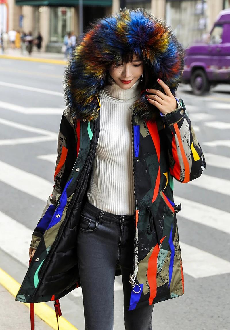 Дизайн зимняя женская куртка с меховым капюшоном с принтом женская теплая пуховая куртка длинная стеганая парка Mujer Invierno