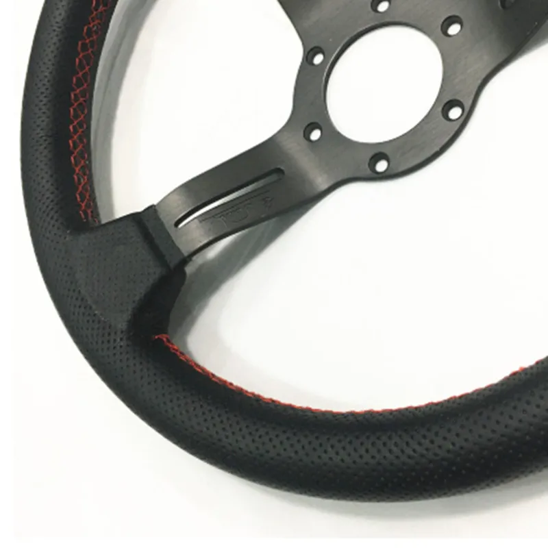 ND Leather Steering Wheel 330mm black Steering-Wheel Black Aluminum Spoke Red Stitching 13 inch