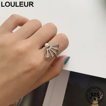 

LouLeur Korean 925 Sterling Silver Ring Fashion Sector Pearl Rings for Women Opened Adjustable Ring Women Silver Jewelry