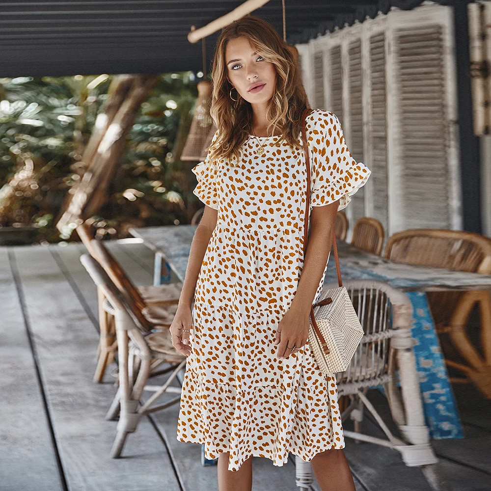 

Summer Women Ruffle Bohemian Midi Dress Polka Dot Casual Vintage Elbise Ropa Mujer Streetwear Spring Vestidos Sukienki Damskie