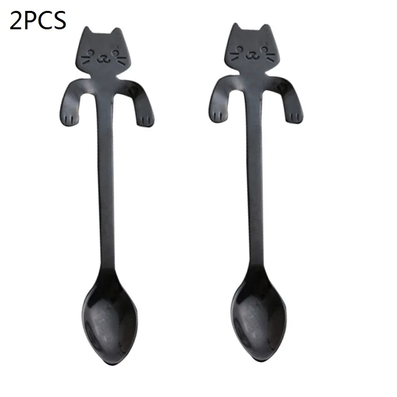 2pcs black Милая маленькая мини-ложка для размешивания кофе из нержавеющей стали с котом Китти, кофейная ложка, красочное десертное мороженое, чайная ложка - Цвет: 2pcs black