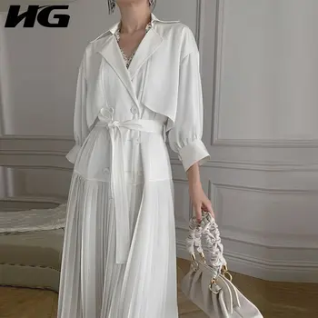 

HG Elegant Women Coats Pleated Stitching Hem Minority Trench Coat for Women Wild Solid Color Windbreaker Autumn New DZL2098