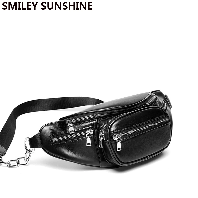 de cuero auténtico para mujer, bolso cintura de marca de lujo, color negro, a la moda, bandolera para el pecho, 2022|Riñoneras| - AliExpress