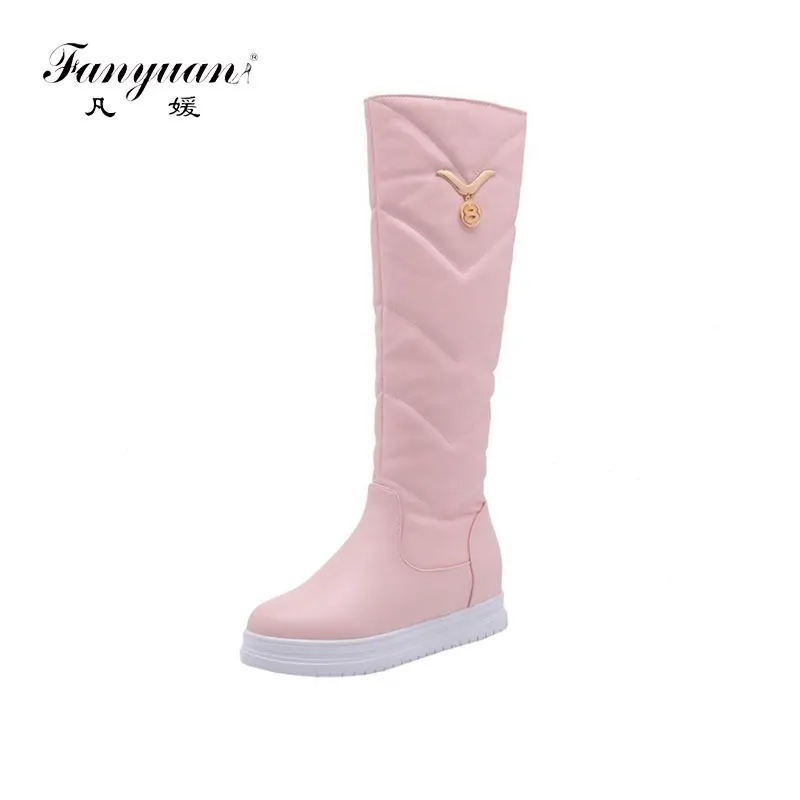

fanyuan New 34-43 Elegant Solid Flat Platform Fur Boots Ladies Knee High Snow Boots Women 2019 Winter Wedges Shoes Woman