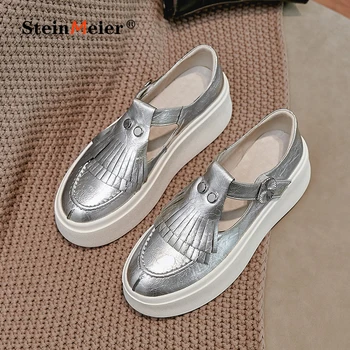 

Women flat shoes 2020 genuine leather buckle flats platform brogues ladies summer woman gladiator tassel rubber sole shoes
