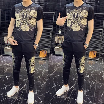 

Men Tracksuit Slim Fit Outfits Men Set Short Sleeve T Shirt 2 Piece Set Top And Pant Men 2020 High Quality Fashion Two Piece Set