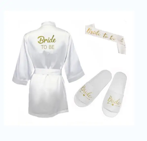 Комплект из 3 предметов для невесты, халат, тапочки Атласный халат с поясом женские блестящие золотые вечерние кимоно для невесты - Цвет: 3pc set