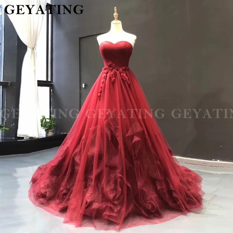 

100% Real Photo Red Ball Gown Quinceanera Dresses 2019 Pleat 3D Flowers Sweetheart Ruffles Corset Sweet 16 Prom Party Gowns