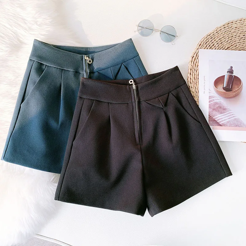 Wasteheart Autumn New Casual Black Blue Polyester Shorts Women High Waist Shorts Camel Short Zipper England Style Slim