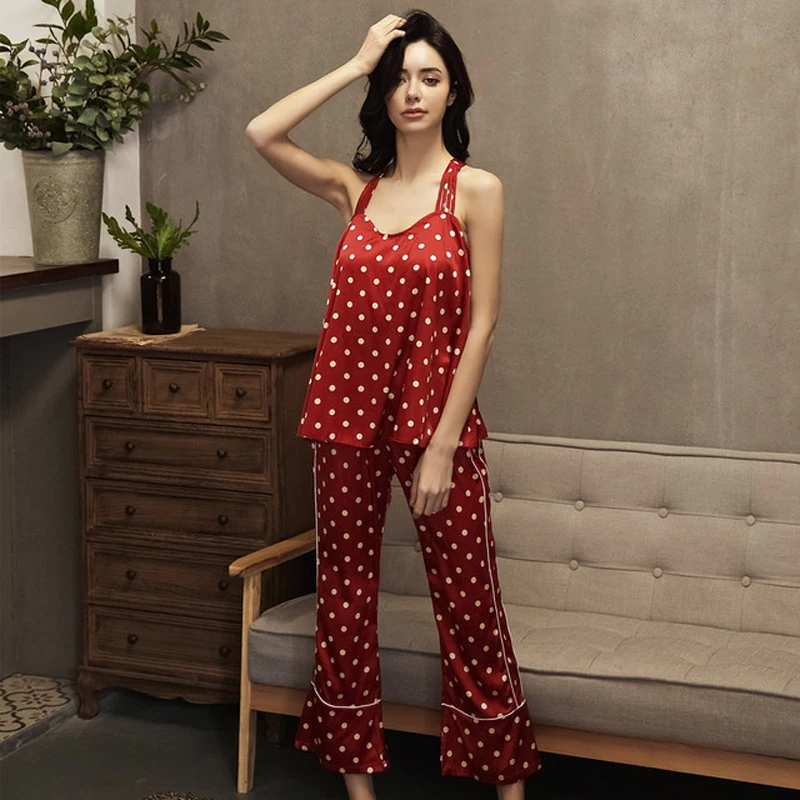 

2PC Female Silky Satin Sleepwear Summer Sexy Casual Night wear Cami&Pants Pyjama Pijama Sets Printed Loungewear