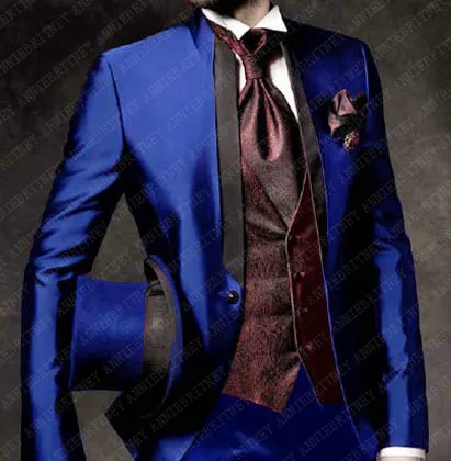 ANNIEBRITNEY/синий атласный мужской костюм, итальянский приталенный смокинг, 3 предмета, нежные костюмы, выпускной пиджак для костюма, Masculino