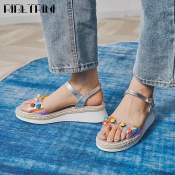 

RIBETRINI Fashion Trendy Transparent Pvc Shoes New Brand Colorful Rhinestone Platform Women Sandals Comfy Wedges Sandals