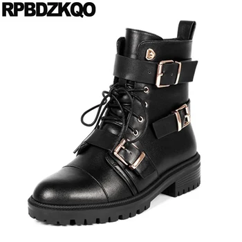 

chunky black lace up genuine leather ankle biker shoes military army motorcycle women boots winter 2019 combat round toe british
