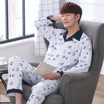 

Men's Pajamas Set Autumn Winter Leisure Elastic Waist Men Sleepwear Cotton Men's Long Sleeve Nightwear Top Long Pant Home Cloth