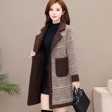 Зимнее женское пальто с подкладкой из овечьего меха, свободное облегающее пальто средней длины, шерстяное пальто с хлопковой подкладкой, клетчатое пальто, зимняя куртка