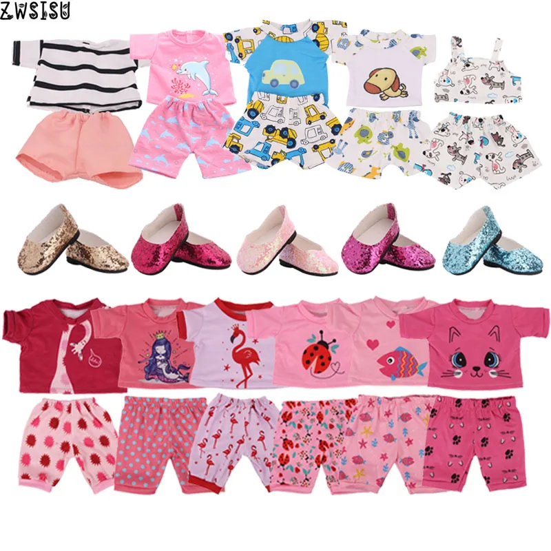 13 видов стилей пижамы с рисунками милых животных, 1 комплект = 2 предмета, футболка с короткими рукавами+ штаны для девочек 18 дюймов, американский и 43 см