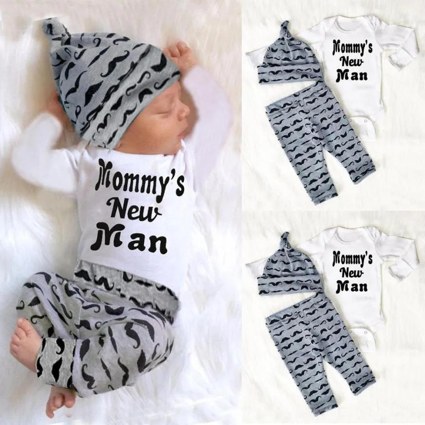 

Baby Clothes Sets 3PCS Set Newborn Baby Boy Romper Tops +Long Pants Hat Outfits Clothes 0-18M