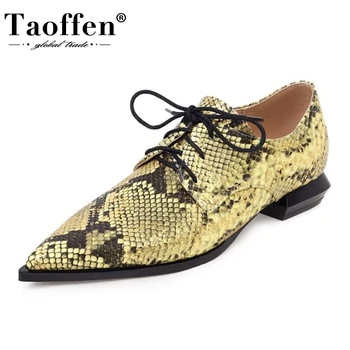 

Taoffen Flats For Women Pointed Toe Low Heel Lace Up Snakeskin Shoes Cool Fashion Female Footwear Summer Plus Size 33-50